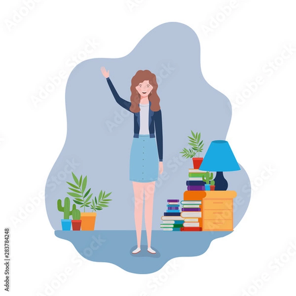 Fototapeta woman standing with bookshelf of wooden and books