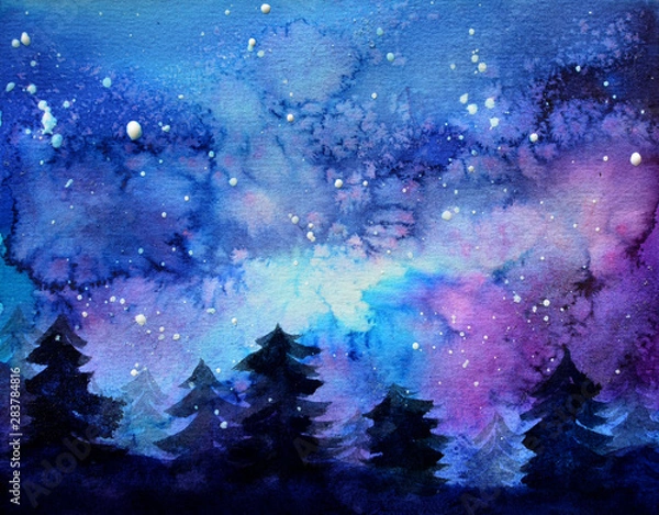 Obraz Space art at watercolor with night sky and trees