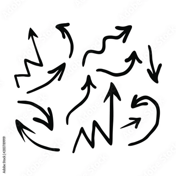 Obraz Hand drawn set vector black arrow illustration isolated on white background. Isolated vector black hand drawn arrows set on a white background.