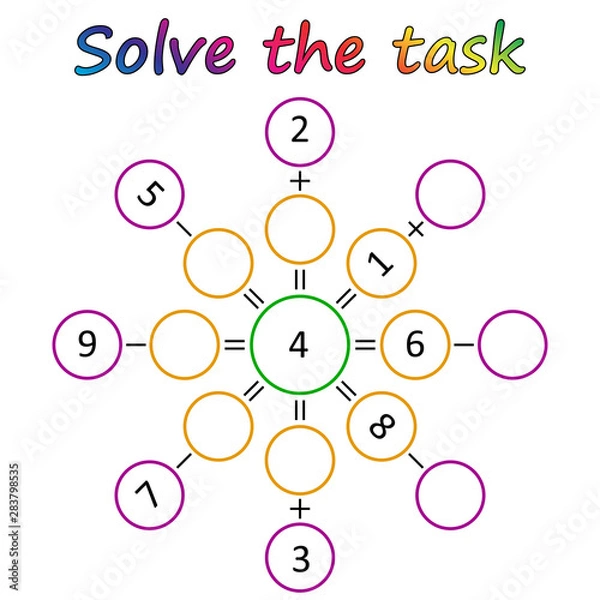 Fototapeta Worksheet. Mathematical puzzle game. Learning mathematics, tasks for addition  for preschool  children. worksheet for preschool kids - vector