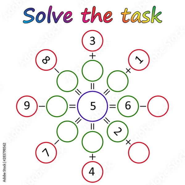 Fototapeta Worksheet. Mathematical puzzle game. Learning mathematics, tasks for addition  for preschool  children. worksheet for preschool kids - vector