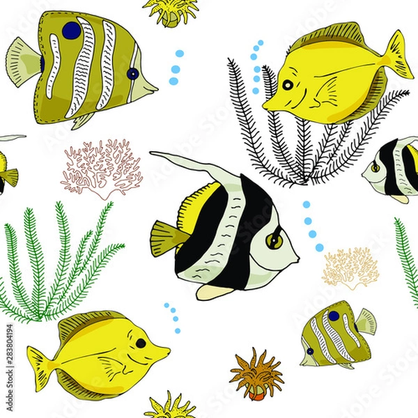 Fototapeta Seamless pattern of bright yellow tropical fish and corals on a white background. The inhabitants of the Red Sea. Feature article. Freehand drawing.