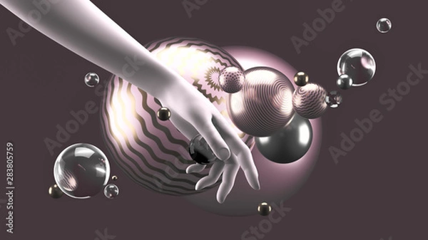 Fototapeta Beautiful abstract background with volume elements, balls, texture, lines. 3d illustration, 3d rendering.