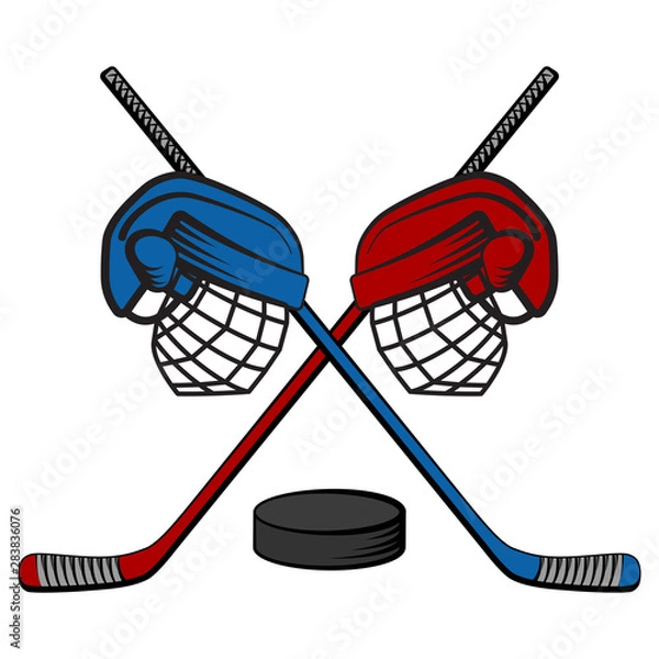 Fototapeta The logo of the hockey confrontation, with clubs, helmets and puck. Two teams. Vector cartoon illustration.