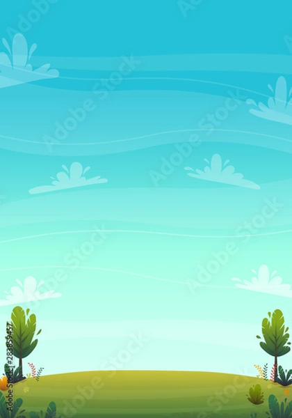 Obraz green grass meadow at park or forest trees and bushes flowers scenery background , nature lawn ecology peace vector illustration of forest nature happy funny cartoon style landscape