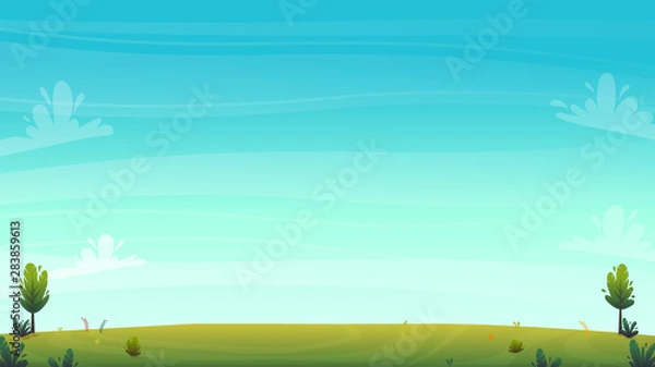 Obraz green grass meadow at park or forest trees and bushes flowers scenery background , nature lawn ecology peace vector illustration of forest nature happy funny cartoon style landscape