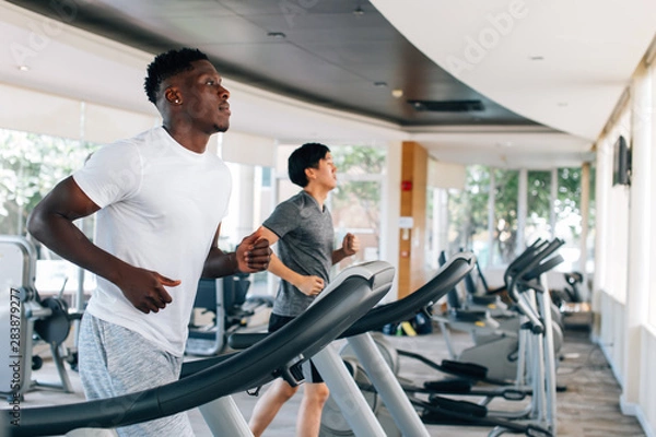 Obraz Side view of multiracial sportsmen working out on treadmills in gym on daytime. Multiethnic males running on treadmills