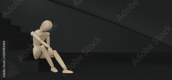Fototapeta Image of psychosomatic disorders. A model of a man of wood sitting on a ladder in a dark abstract room. The concept of depression, stress, loss of strength, lack of initiative, no ideas. 3D rendering.