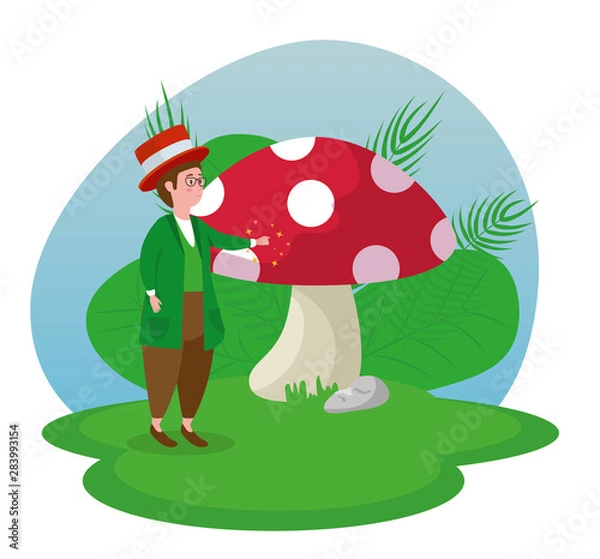 Fototapeta happy boy magician with fungus and branches leaves plants