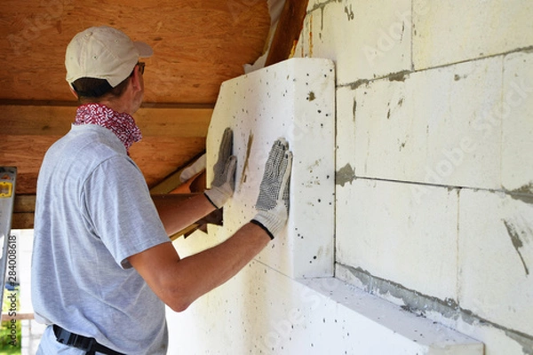 Obraz Worker installing white rigid polyurethane foam sheet on aerated concrete block building wall facade for energy saving. Diy, house improvement and insulation concept.