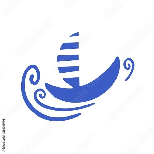 Fototapeta Abstract illustration of a blue color sailboat on the waves made on a white background.