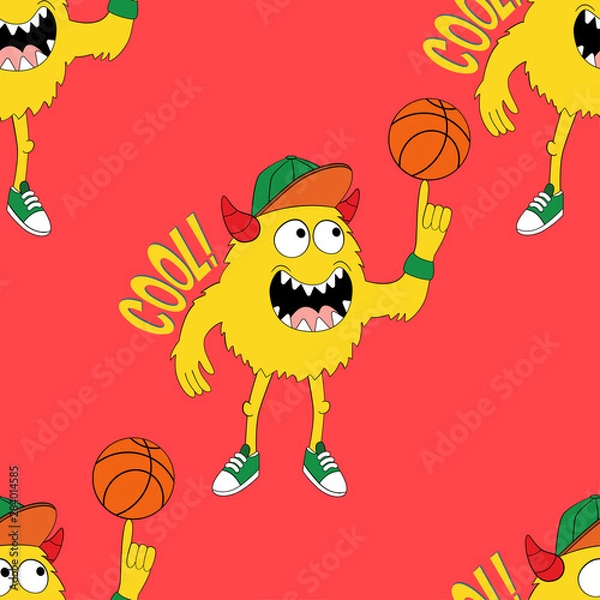 Fototapeta Cute kids monster pattern for girls and boys. Colorful basketball monster on the abstract bright background. The monster pattern is made in bright colors. Urban kids pattern for textile and fabric