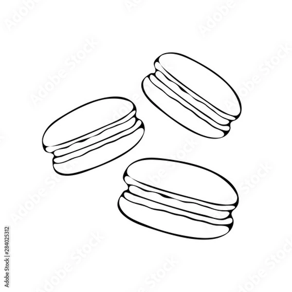 Fototapeta Beautiful vector illustration of macaroon drawn line on white isolated background. Colorful French almond cookies in heart shape on white background. Vector illustration for maps, menus and printing.