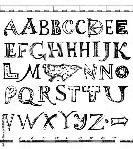 Obraz A decorative and a bit weird set of letters - alphabet supplied with vintage map elements. Decorative font for a fantastic adventure. For pirate maps and sailing the seas.