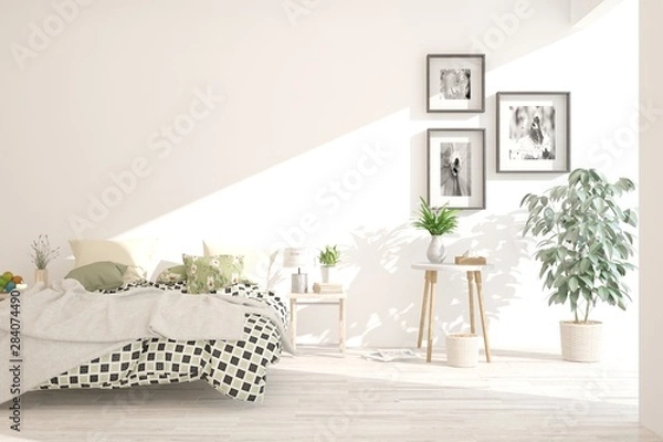 Fototapeta Stylish bedroom in white color. Scandinavian interior design. 3D illustration