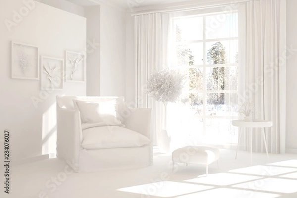 Fototapeta Mock up of stylish room in white color with armchair. Scandinavian interior design. 3D illustration