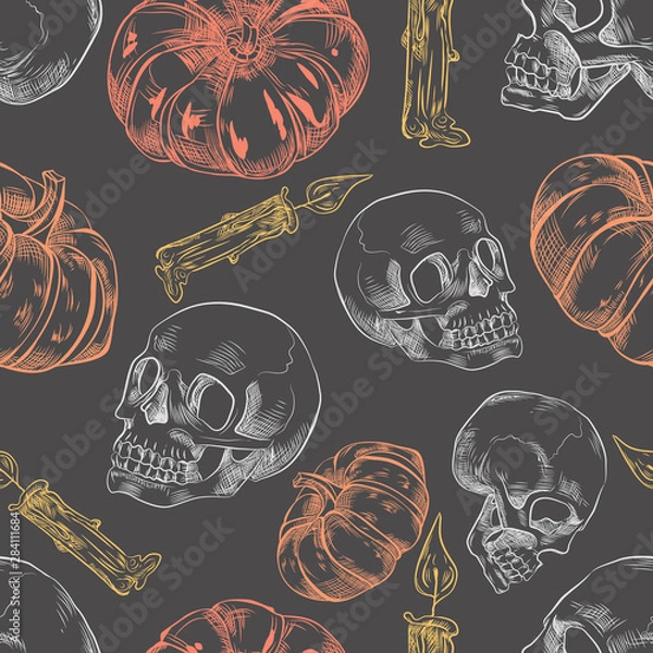 Obraz Seamless pattern with hand drawn halloween pumpkin, candles and skulls