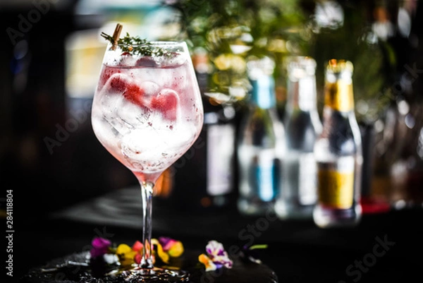 Obraz tonic gin with  fresh raspberry and rosemarie plant