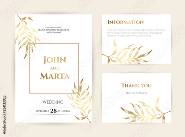 Fototapeta Wedding Invitation with Gold Flowers and gold geometric line design. background with geometric golden frame. Cover design with an ornament of golden leaves. vector eps10