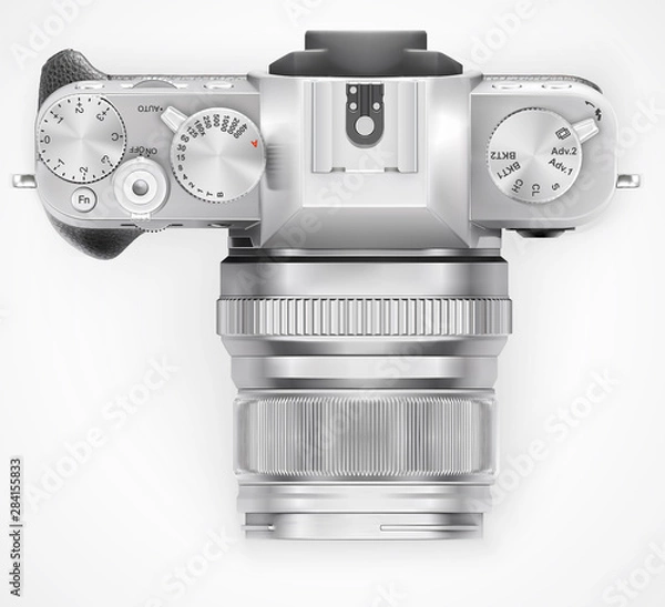 Fototapeta Ultra realistic 3d SLR retro style photo camera. With leather part. Top view isolated on white background. Vector illustration