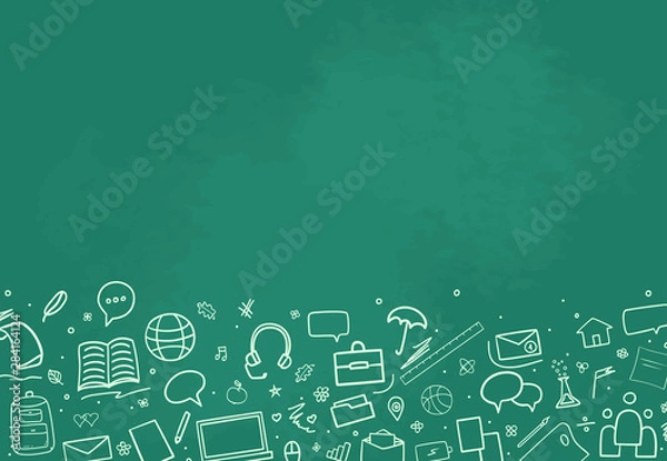 Fototapeta Back to school. Abstract blackboard. Sketchy background with hand drawn school supplies. Banner design. Education concept