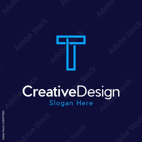 Fototapeta Initial Letter T Logo. Monogram Linear Style isolated on blue and dark blue Background, Line logo T logo. T Loop logo.
