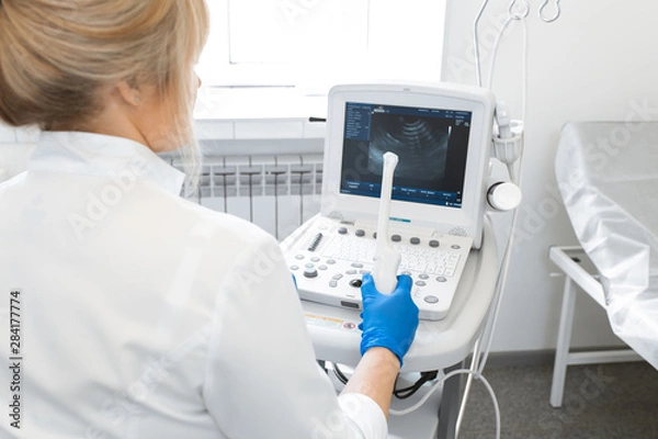 Fototapeta the gynecologist holds the sensor of the ultrasound device with the gel applied in his hand. for inspection of the pelvic organs