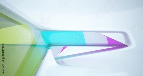 Fototapeta Abstract architectural white and glass gradient color smooth interior of a minimalist house with large windows.. 3D illustration and rendering.