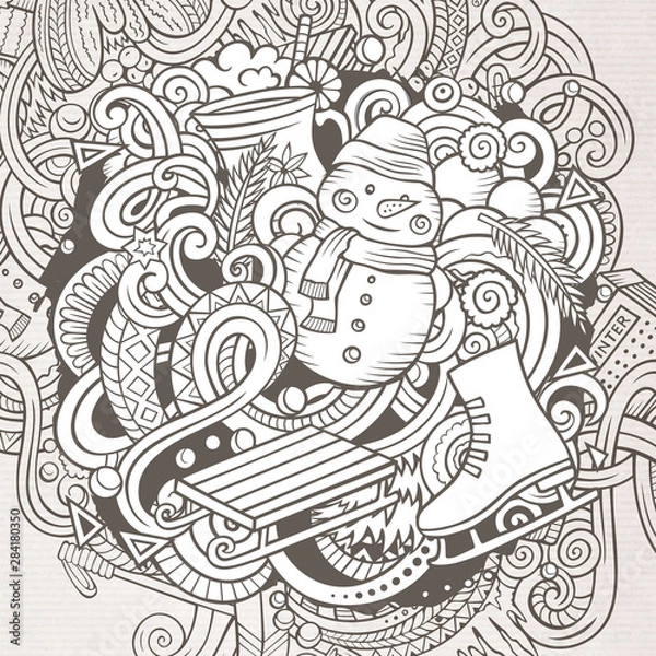 Fototapeta Cartoon doodles Winter illustration. Contour cold season funny picture