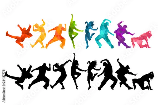 Obraz Detailed vector illustration silhouettes of expressive dance colorful group of people dancing. Jazz funk, hip-hop, house dance. Dancer man jumping on white background. Happy celebration