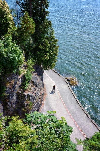 Fototapeta Cyclist rides on Stanley Park's famous Seawall on a sunny summer day. scenic view from the rock of water and majestic trees