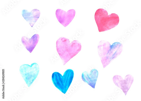 Fototapeta Hand drawn watercolor heart set. Hearts collection isolated on white background. Romantic design element for wedding invitation, Valentines day card.