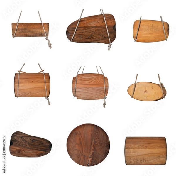 Fototapeta Set alte Holzschilder mit Seilen Strick