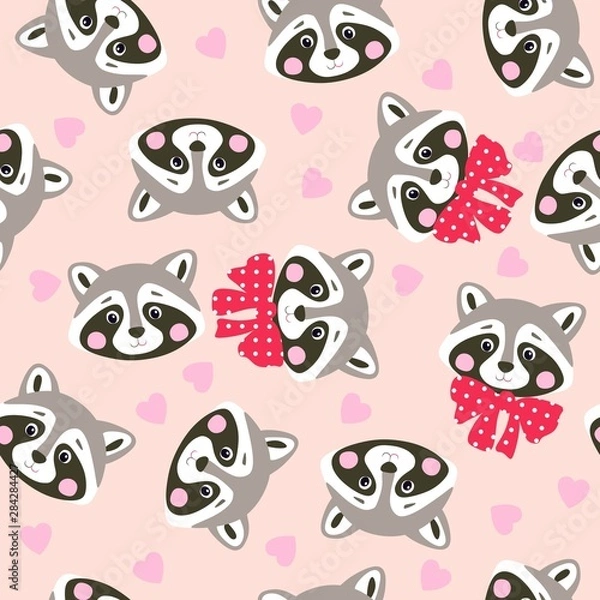 Obraz Seamless pattern with funny raccoons with red bows. Print for babies pajamas.