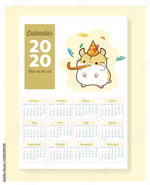 Fototapeta Calendar 2020. Year of the rat. Cute 1 page calendar. Hamster with party hat is blowing party horn.
