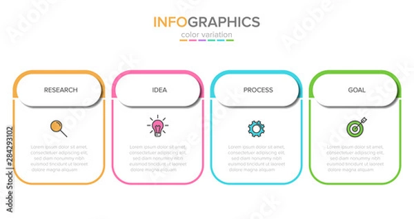 Fototapeta Concept of arrow business model with 4 successive steps. Four colorful rectangular elements. Timeline design for brochure, presentation. Infographic design layout.