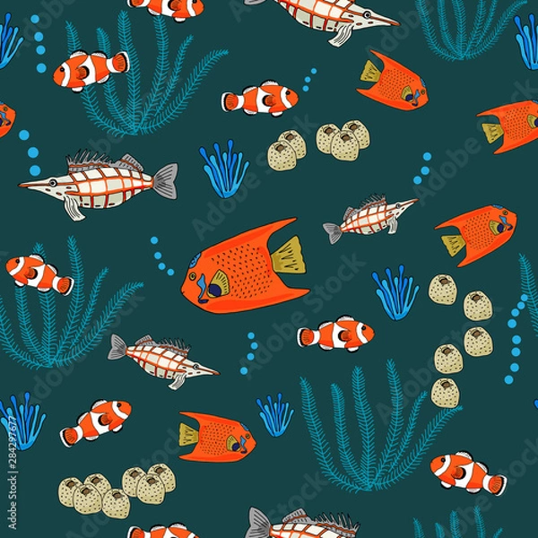 Fototapeta Seamless pattern of bright tropical fish on a dark background