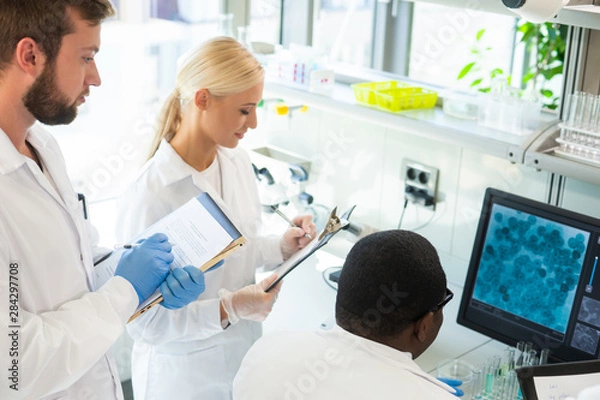 Fototapeta Scientist and students working in lab. Doctor teaching interns to make blood analyzing research. Biotechnology, chemistry, bacteriology, virology and health care concept.