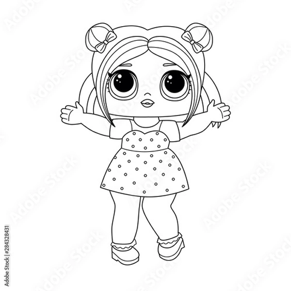 Obraz Cute big-eyed little doll with funny hair buns and in a dress spreading hands. Linear vector illustration isolated on white background. Coloring pages for younger students and preschoolers.