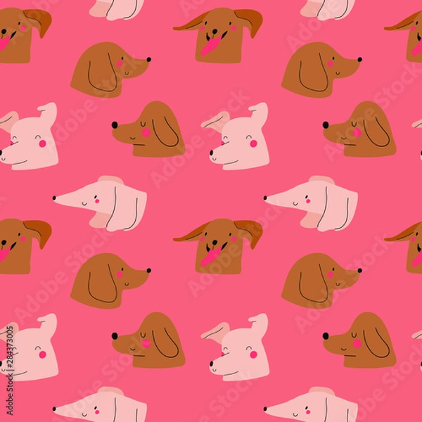 Obraz Seamless pattern with cute Dogs. Vector texture with Dog's heads. Hand drawn doggy background.