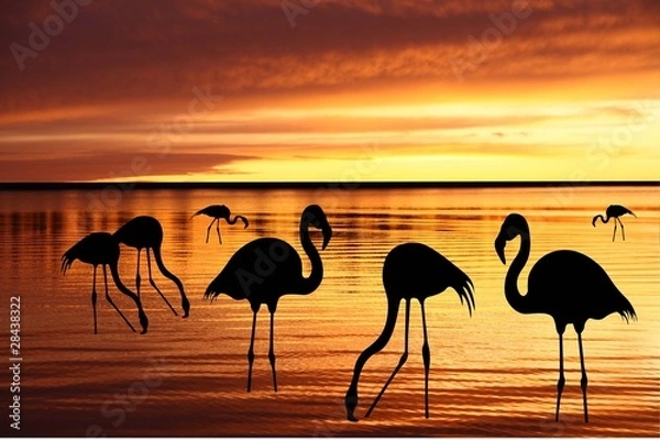 Obraz Silhouettes of pink flamingo on a water background
