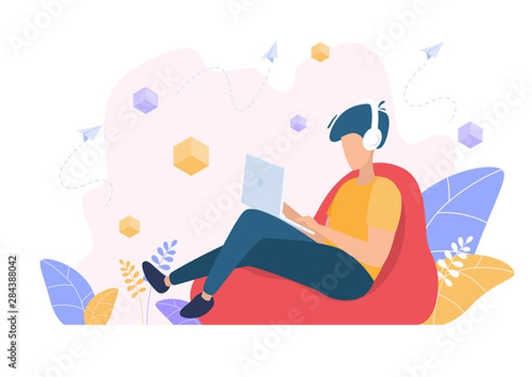 Fototapeta The man works, watches the news, sits on social networks. Freelancer. Vector illustration