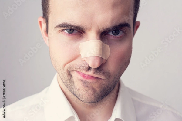 Obraz Angry man with a broken nose on gray background, irritably looks at the camera, portrait, closeup, toned