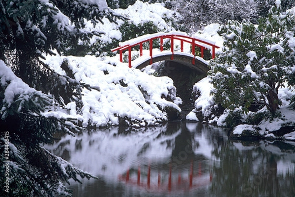 Obraz WA, Seattle, Moon bridge and pond after winter snow storm; Kubota Garden