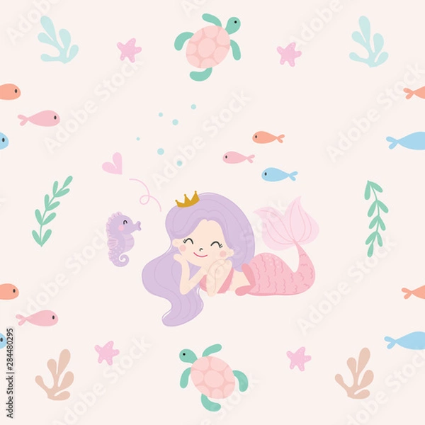 Fototapeta Cute mermaid seamless pattern background vector.