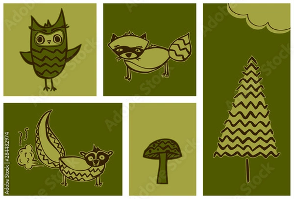 Fototapeta Forest Animals Clipart // Owl, Racoon, Skunk, Mushroom, Tree