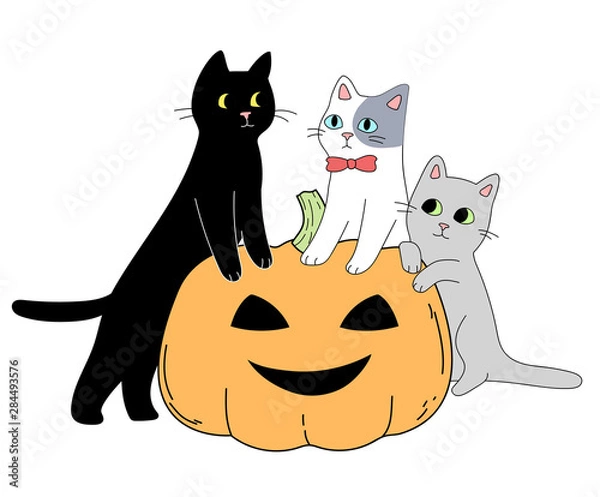 Obraz  Three cats and a pumpkin. Halloween theme