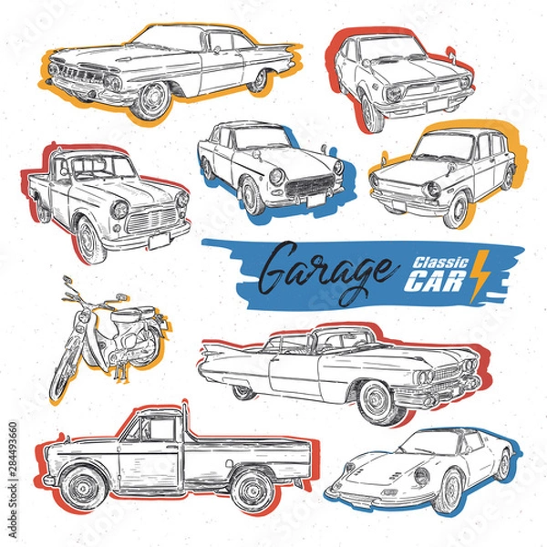 Fototapeta Classic car, hand draw sketch vector.