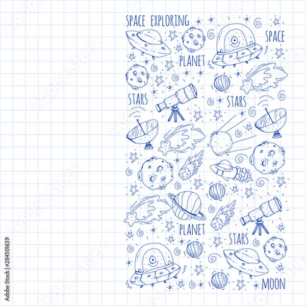 Fototapeta Space vector illustration. Science, technology pattern. Rocket and spaceships.