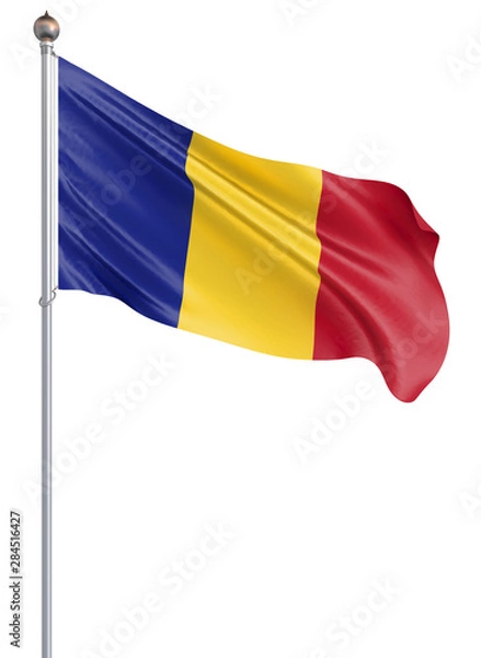 Obraz Romania flag blowing in the wind. Background texture. Bucharest, Romania. 3d rendering, wave. - Illustration. Isolated on white.